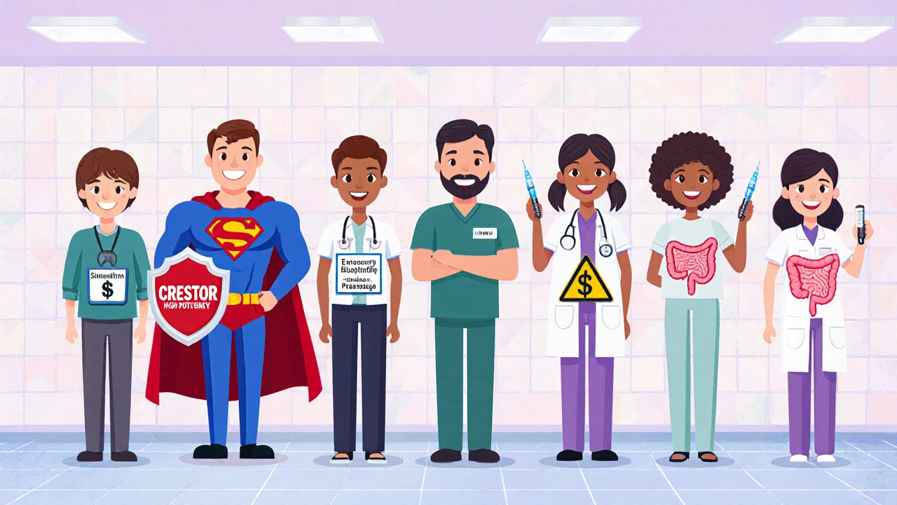Cartoon characters personify different cholesterol drugs, each showing unique traits.