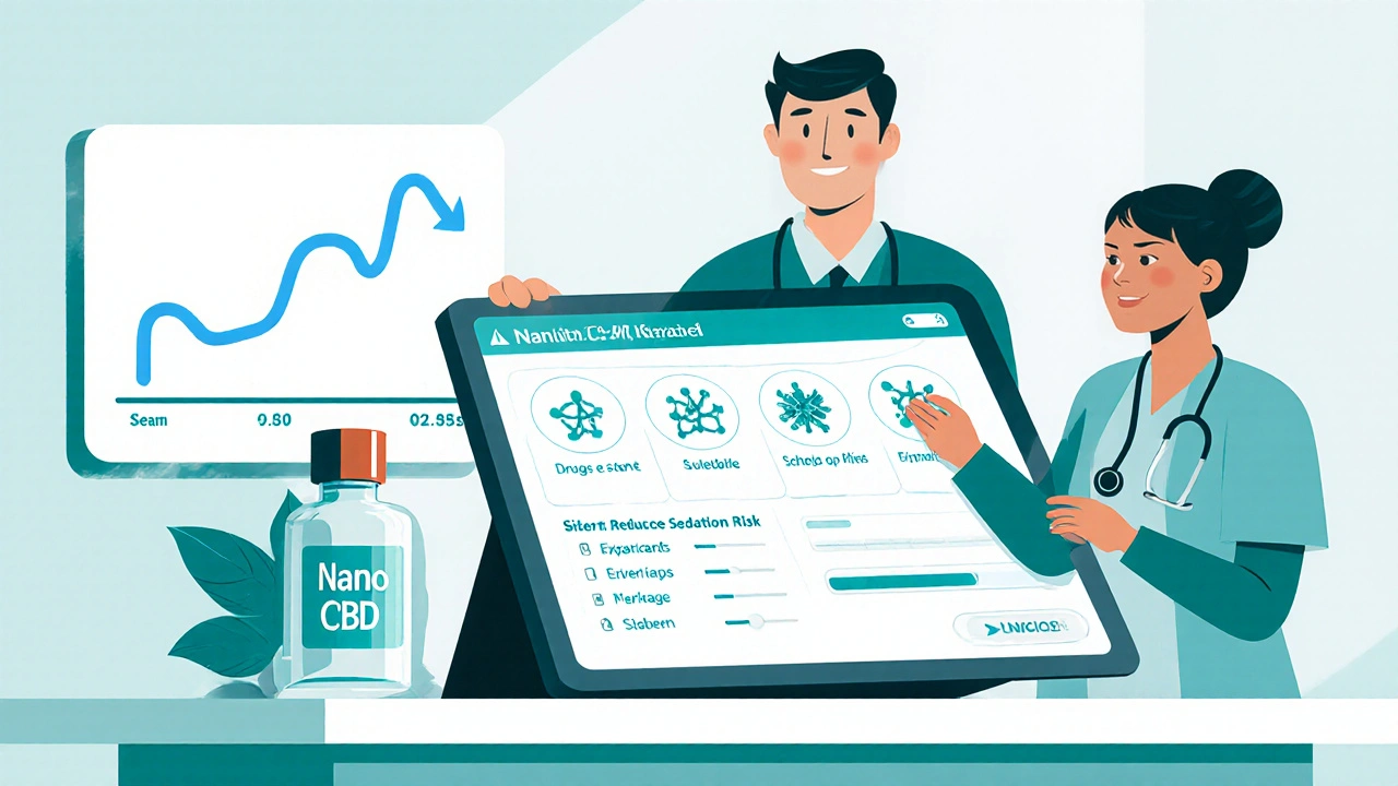 Cartoon doctor and pharmacist review CBD safety on a tablet.
