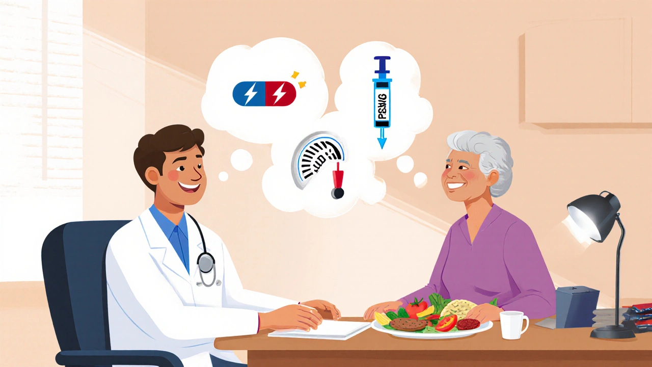 Cartoon doctor and senior patient discuss treatment options with visual cues of pills and injections.