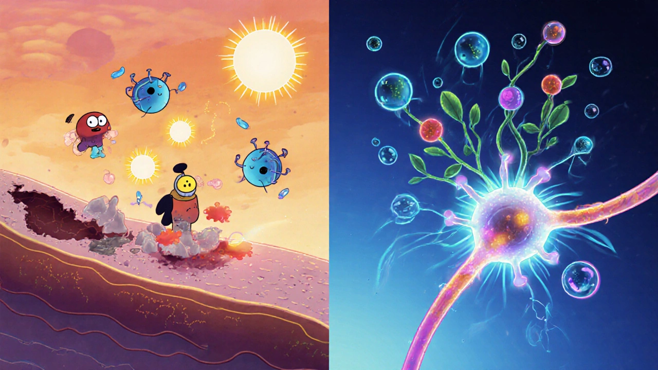 Cartoon immune cells and neuron showing alfacalcidol modulating T‑cells, protecting myelin, and balancing calcium.