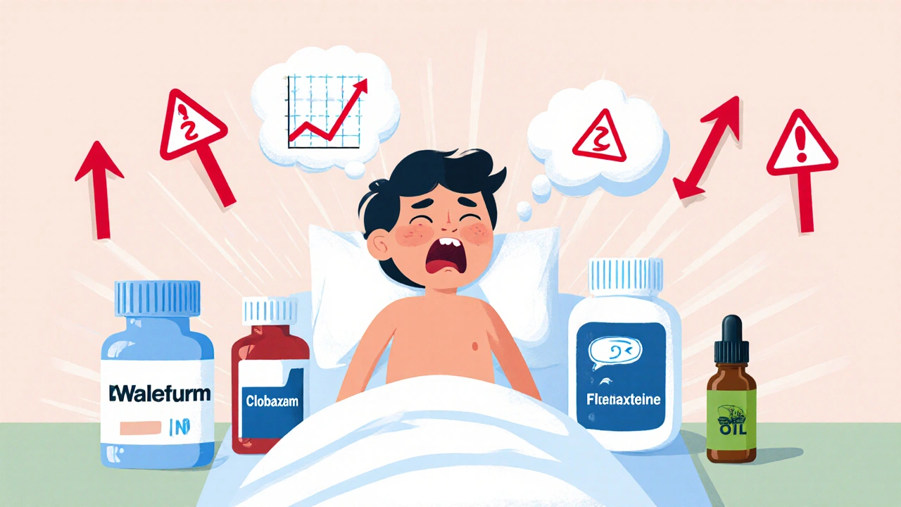 Cartoon patient looks drowsy among medicine bottles and CBD oil.
