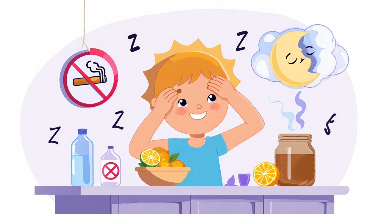 Character following a checklist: sunscreen, bone broth, water, sleep, and no smoking.