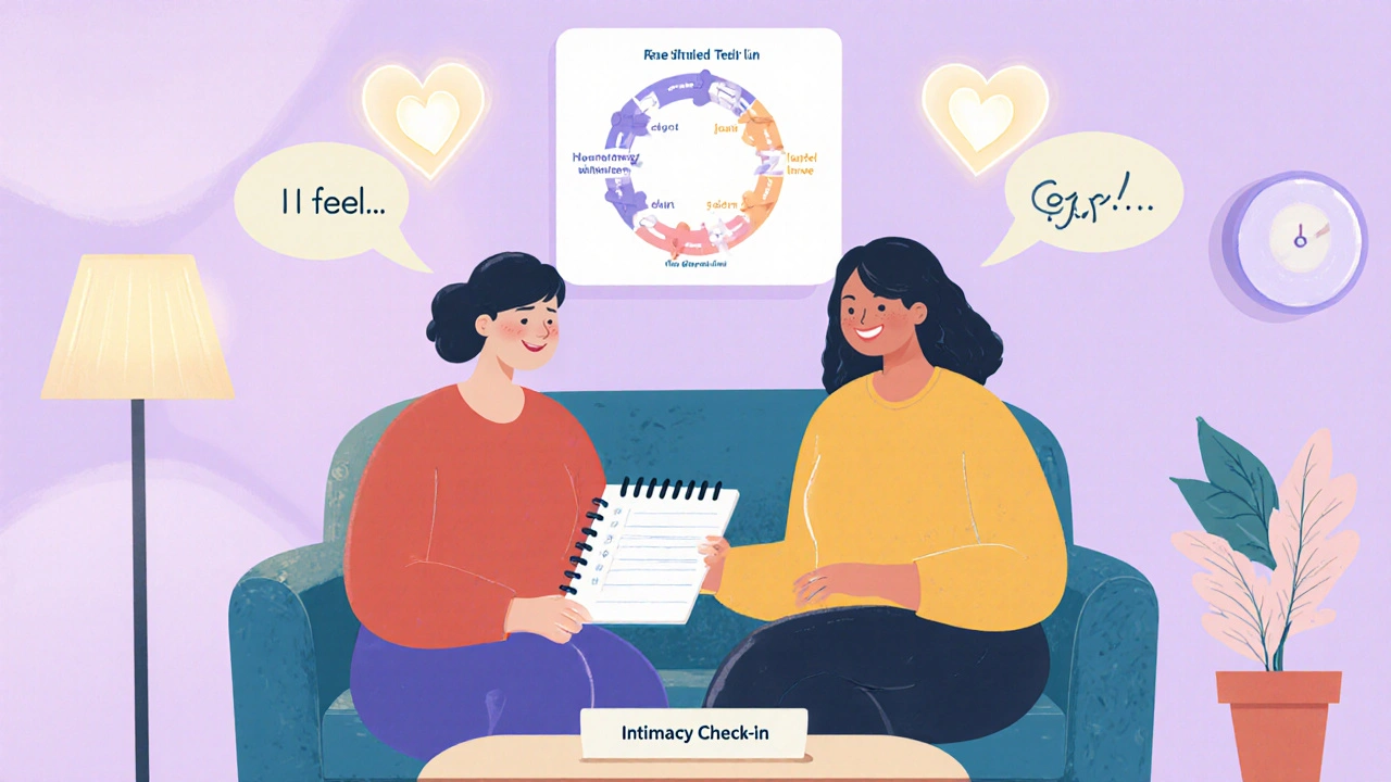 Couple on a sofa using a notebook for an intimacy checkâin, with speech bubbles and hearts indicating improved communication.