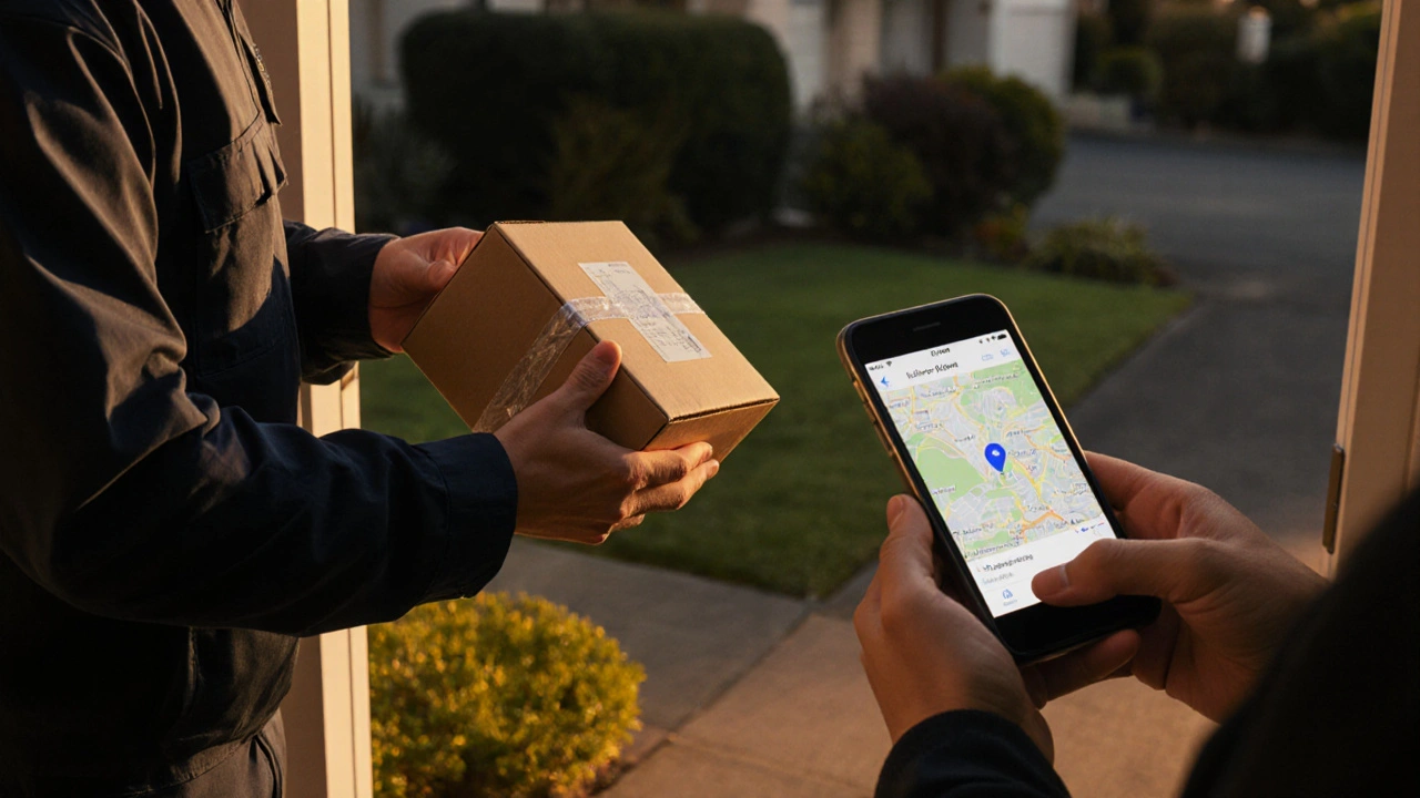 Delivery person handing a sealed box to a homeowner who checks the tracking on a phone.