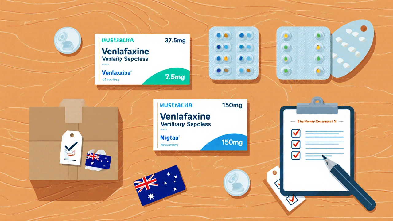 Desk displaying three venlafaxine blister packs, price tags, and a checklist.