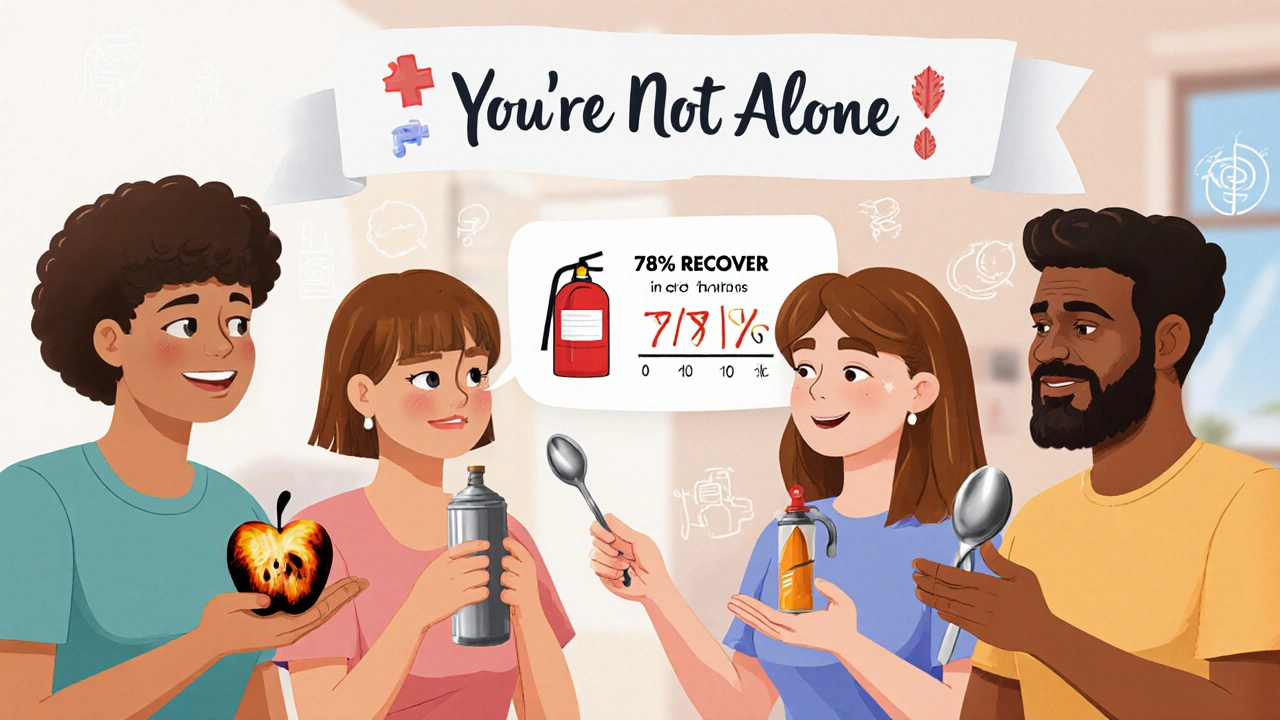 Diverse group in a support circle holding objects representing altered senses.