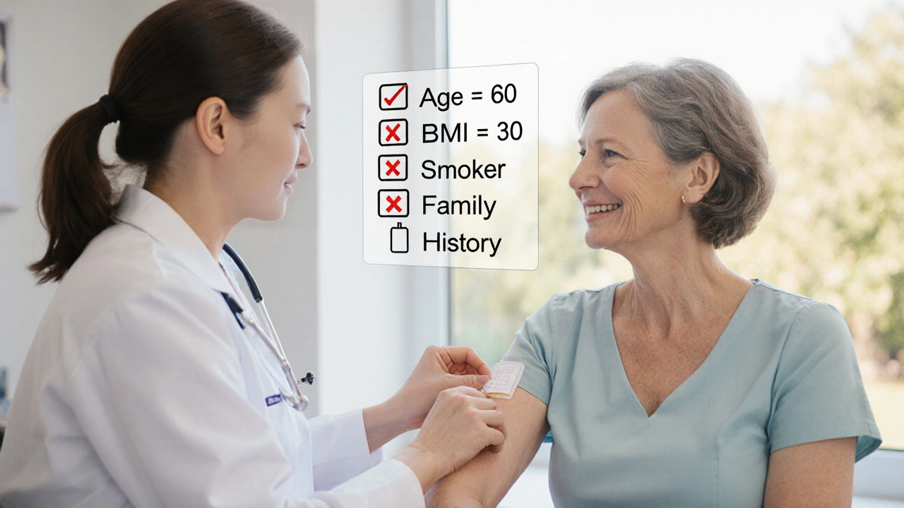 Doctor applying a hormone patch to a patient while a floating checklist highlights lowered clot risk factors.