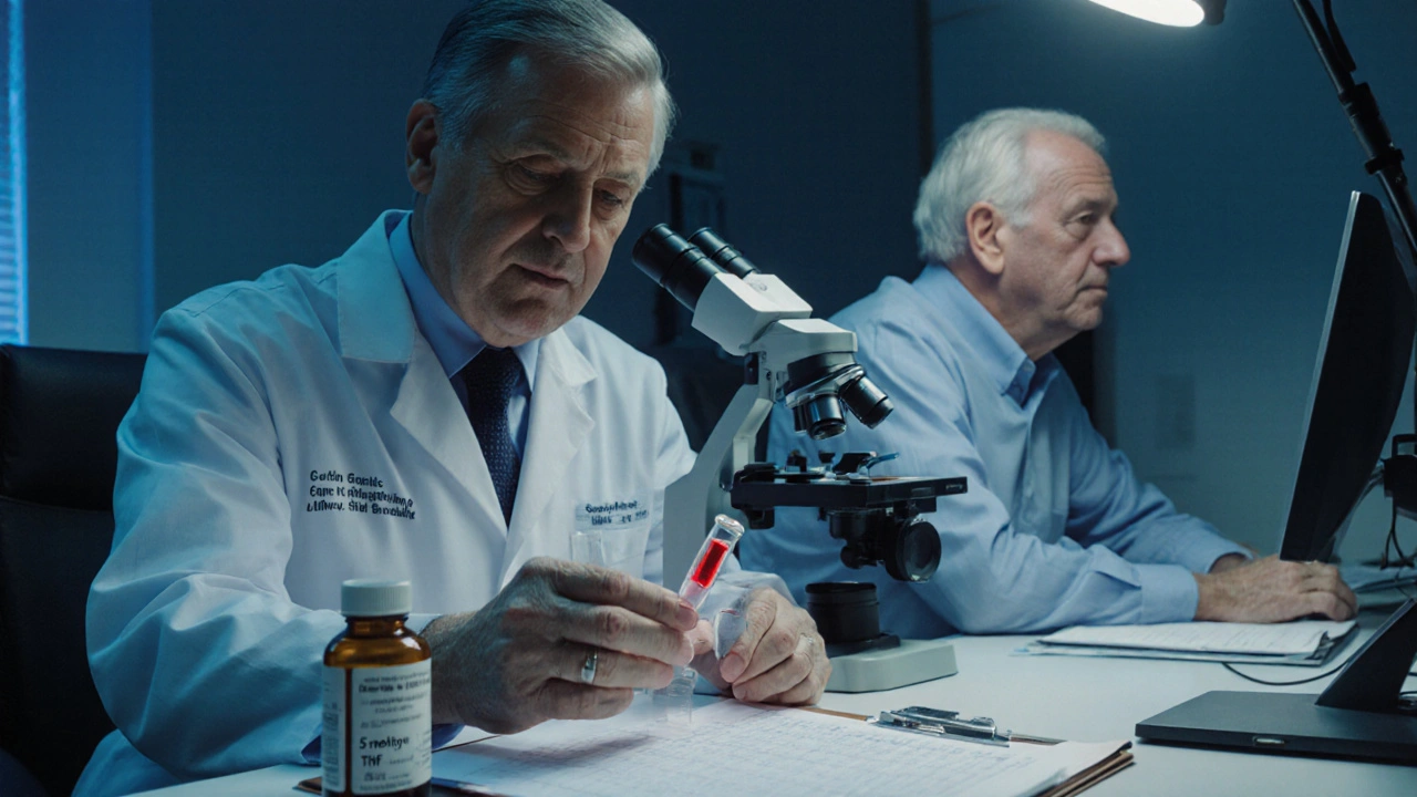 Doctor examining blood vial and microscope while senior patient watches, with supplement bottle nearby.