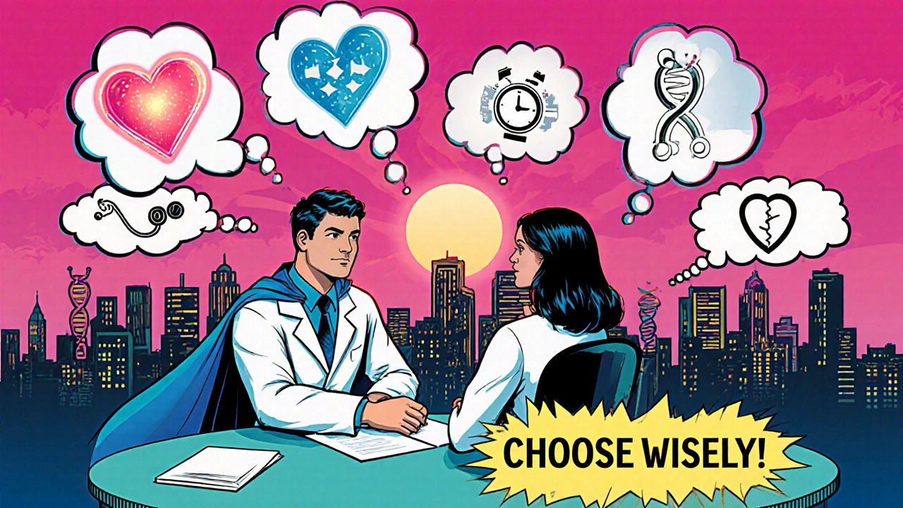Doctor in cape discussing pros and cons with patient, comic thought bubbles present.