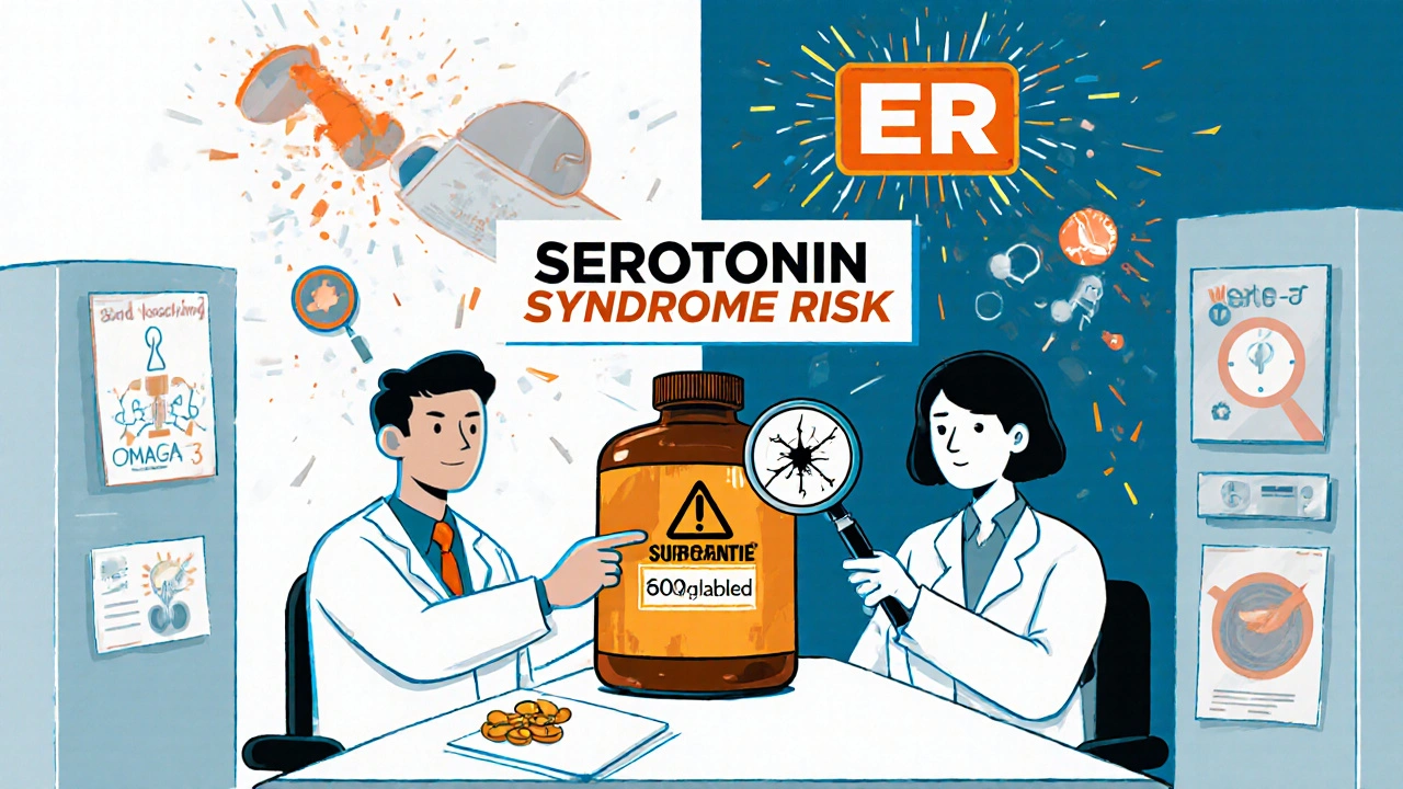 Doctor warning patient about risky SAMe supplement labels, with safe alternatives shown in background.