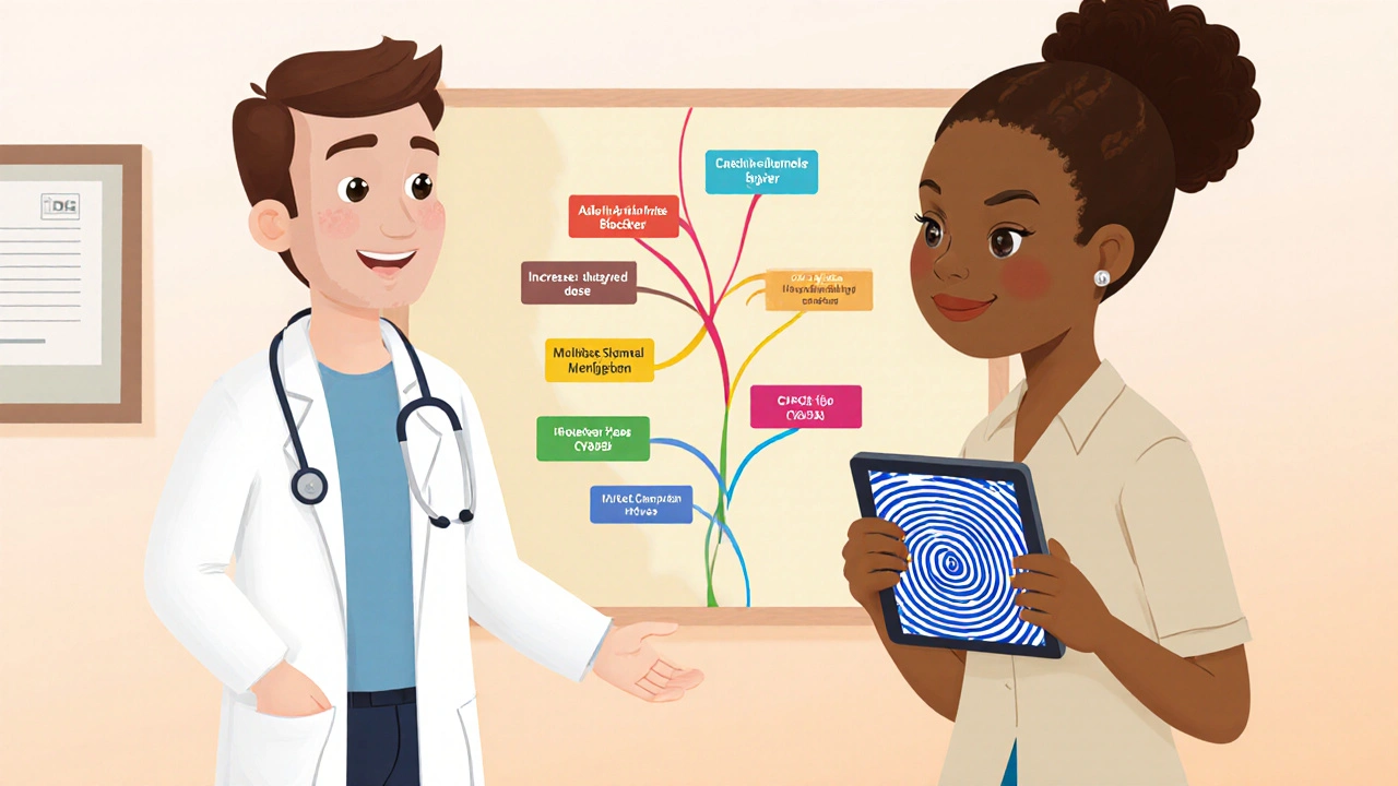 Doctor with a decision‑tree board recommending extra meds or genetic testing for personalized treatment.