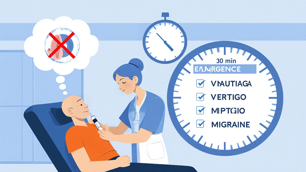 Emergency room nurse giving injection to nausea patient, with spinning ear and &#039;X&#039; blocking symptoms.
