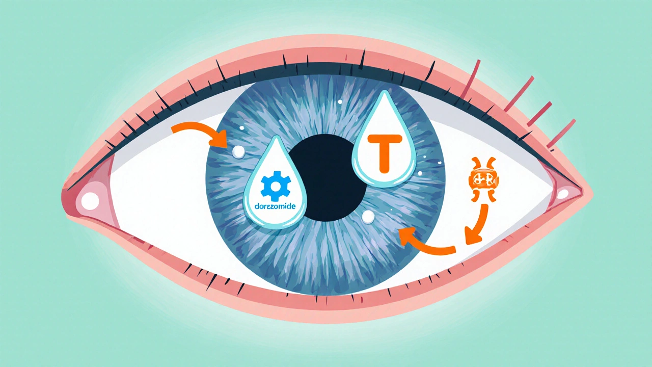 Eye cross‑section with two cartoon droplets blocking fluid production mechanisms.