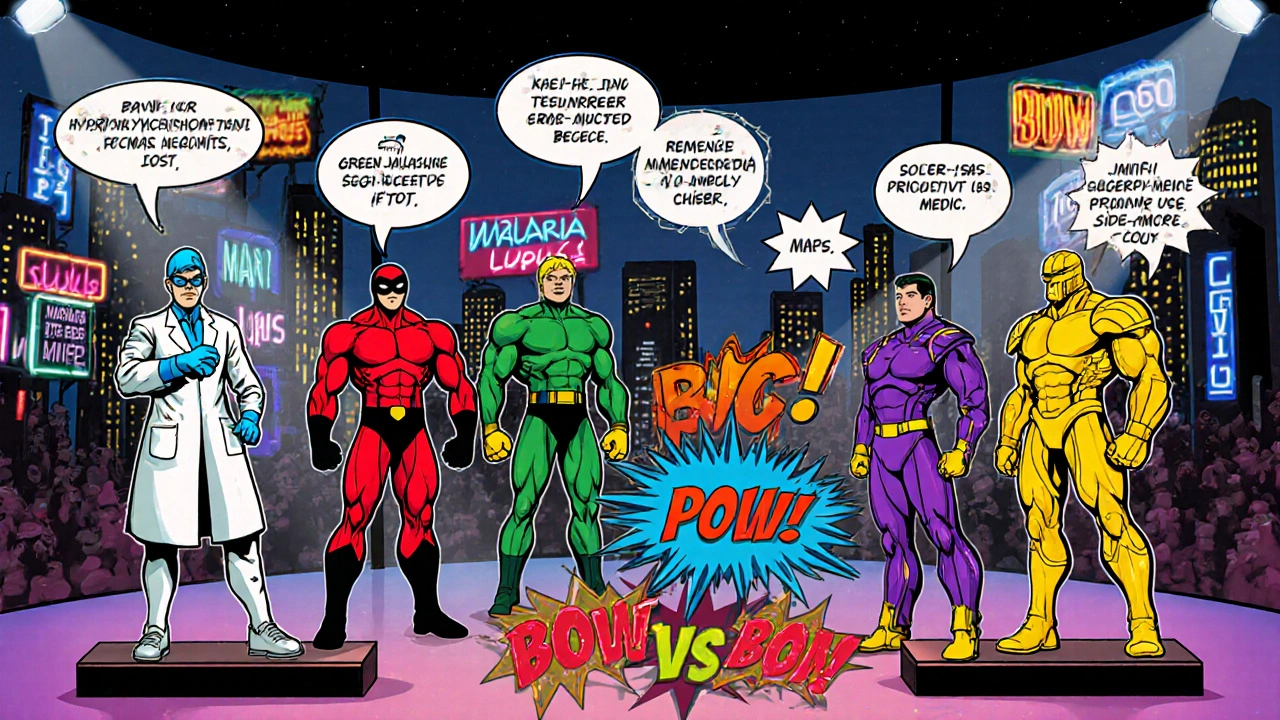 Five drug characters in a comic showdown, each displaying key attributes.