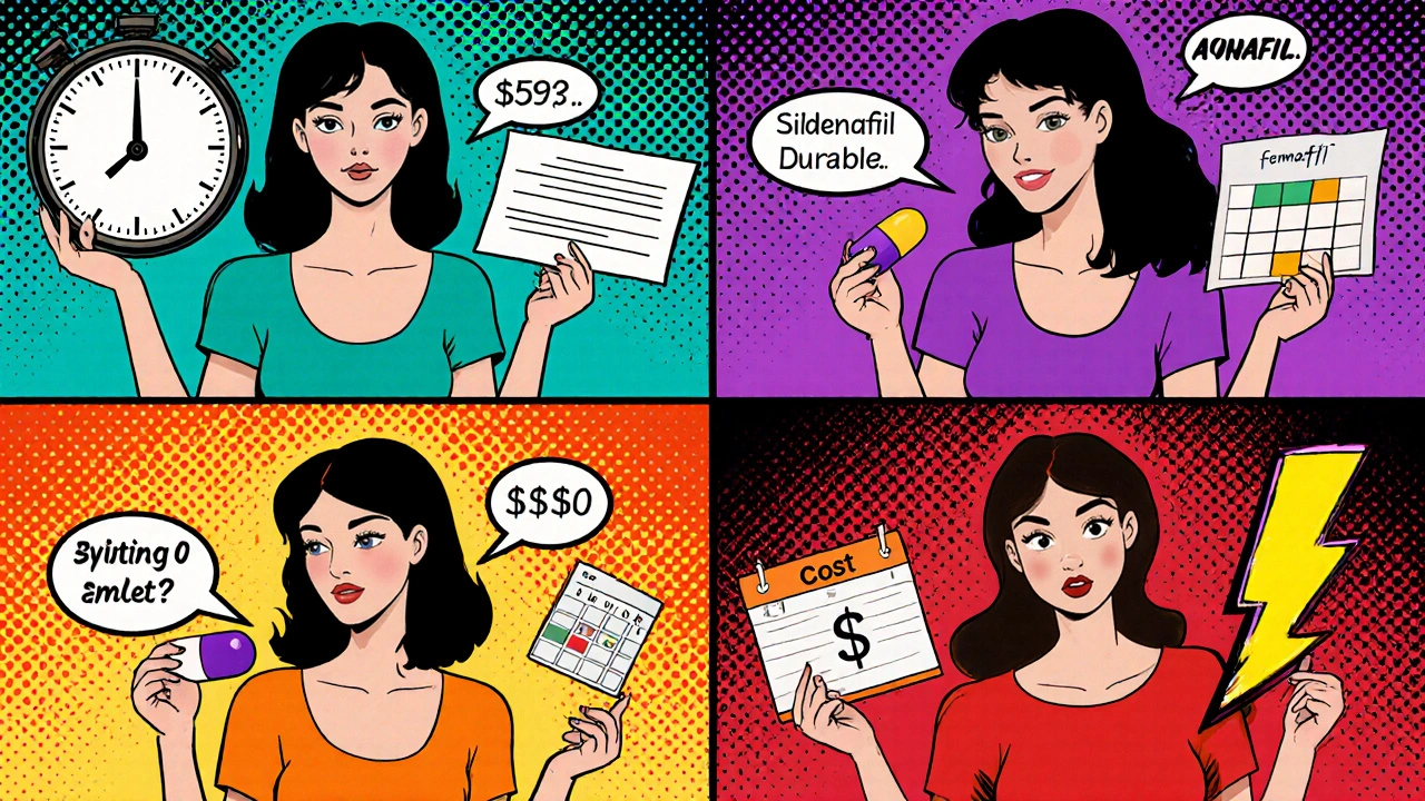 Four women each shown with a unique colored pill and visual symbols for onset, duration, and side effects in a pop‑art layout.