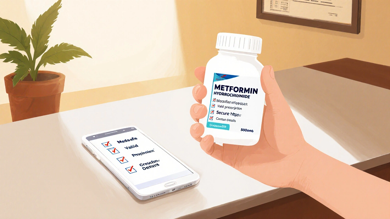 Hand holding a Metformin bottle next to a phone showing a safety checklist.