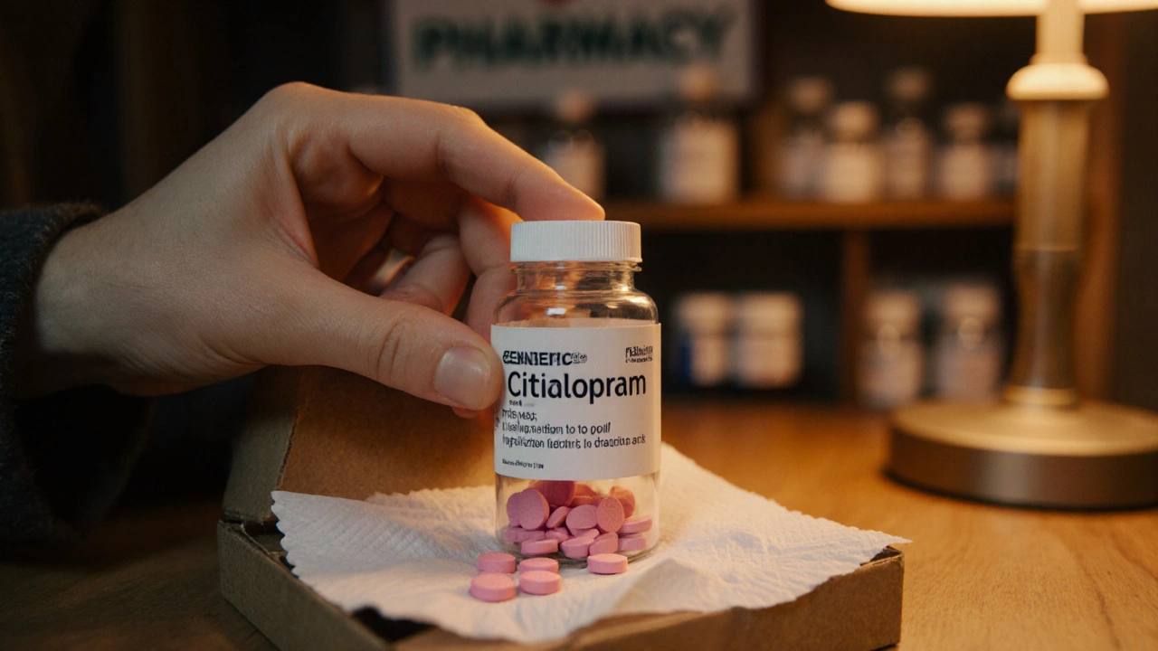 Hand opening a box revealing a generic citalopram bottle with tablets on a tissue.