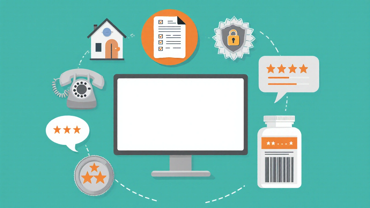 Illustrated checklist icons around a computer screen for verifying a legitimate online pharmacy.