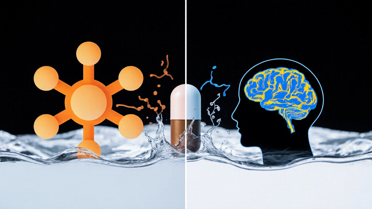 Illustration of aspirin blocking enzymes and caffeine narrowing brain vessels as an Anacin tablet dissolves.