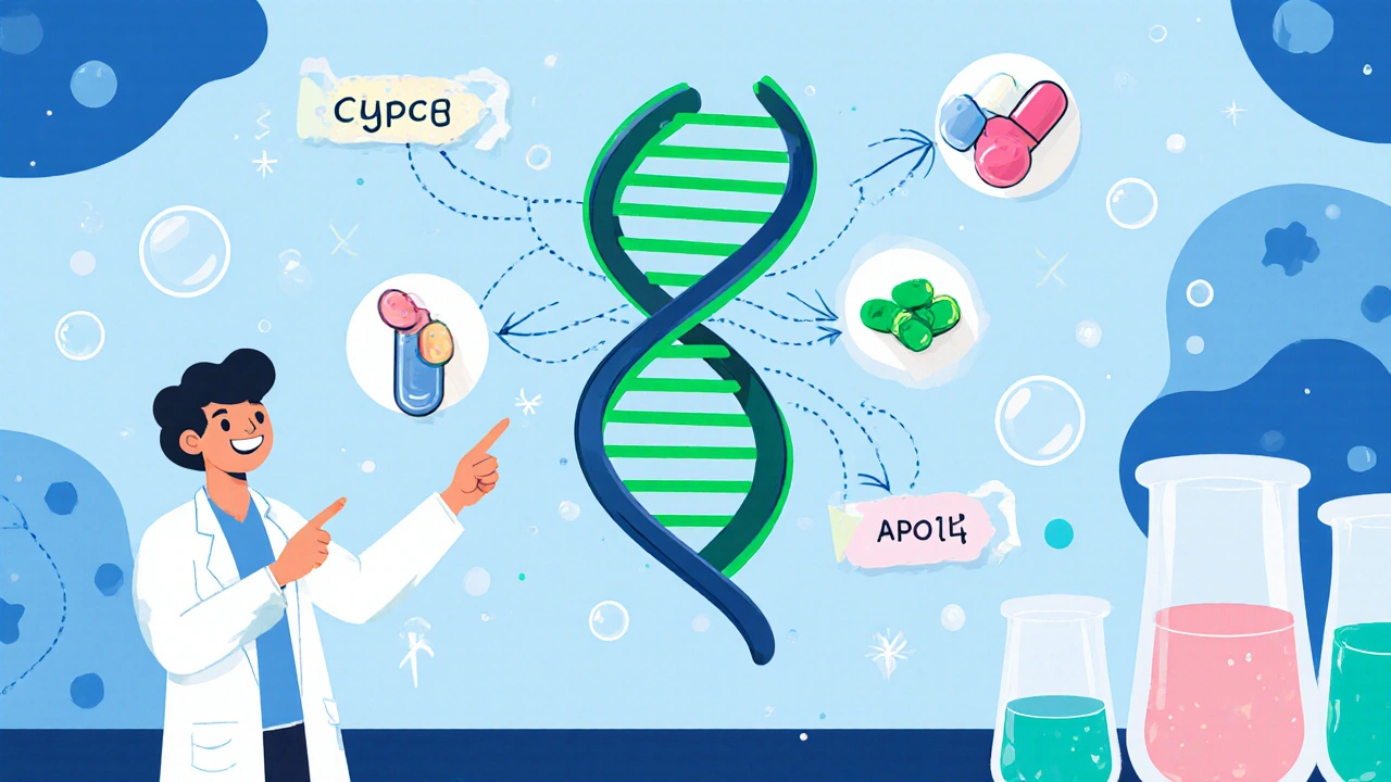 Laboratory cartoon showing a DNA helix linked to CYP2C9, CYP3A4, ACE, and APOL1 genes and pill icons.
