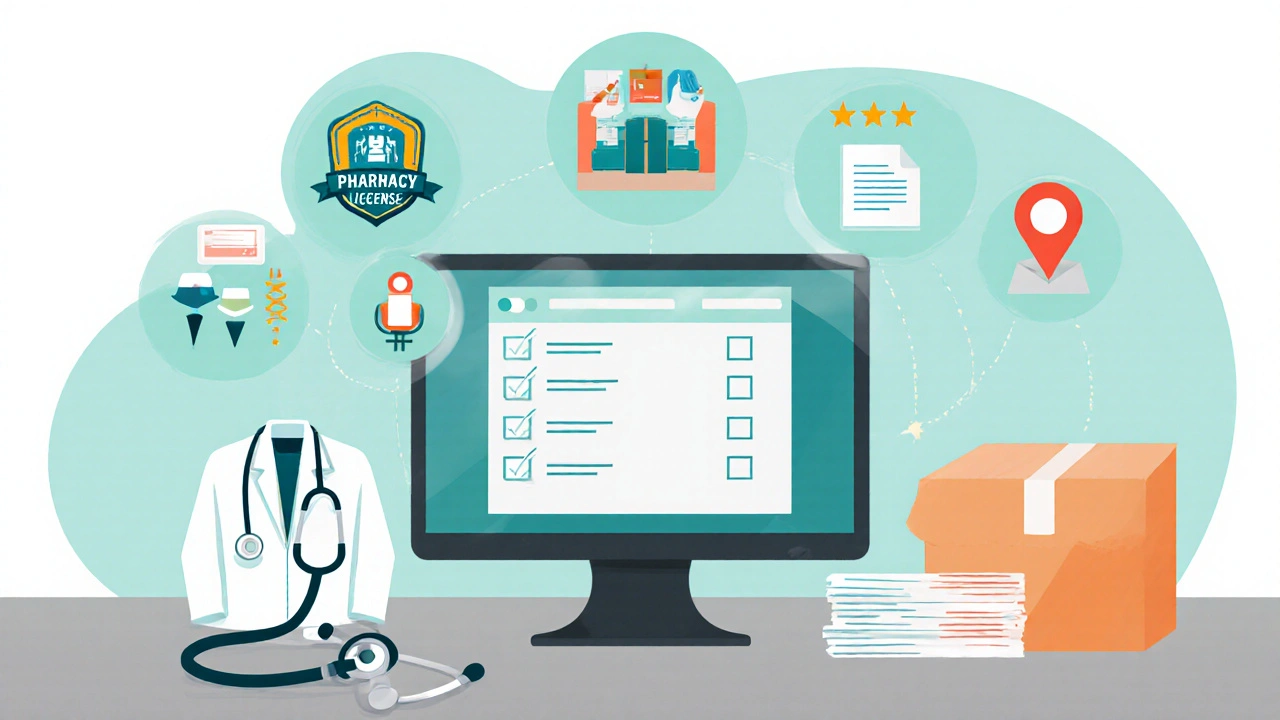 Laptop screen with a visual checklist and icons for licence, prescription, address, reviews, and courier.