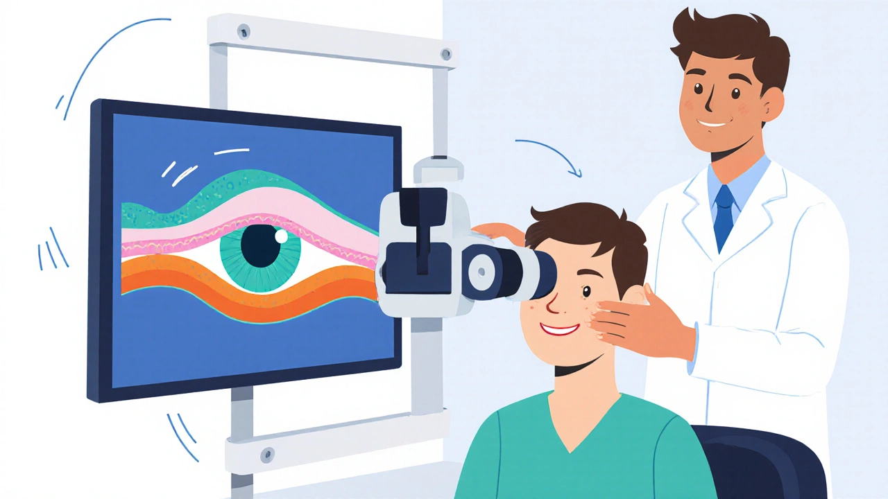 Ophthalmologist using OCT to scan a patient's retina in cartoon illustration.