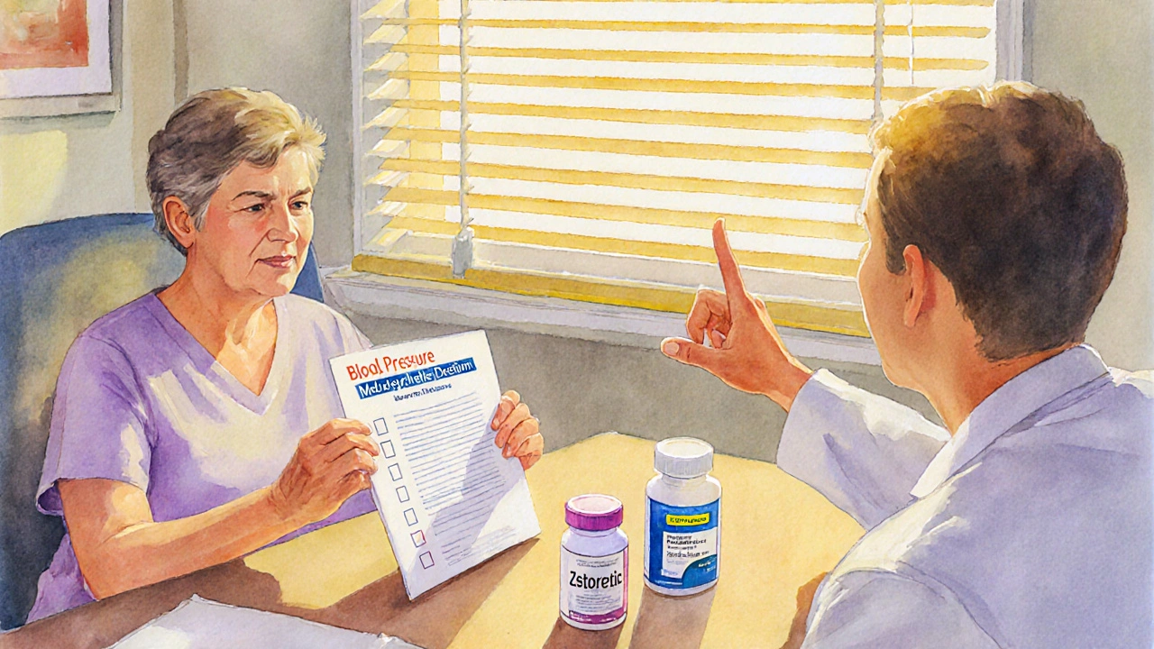 Patient and doctor discussing Zestoretic versus generic pills, holding a checklist.