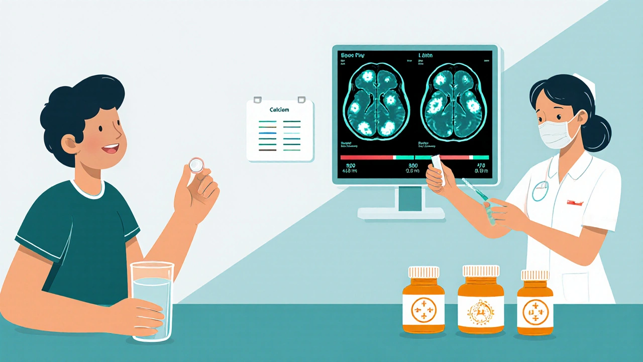 Patient taking alfacalcidol pill, nurse drawing blood, and MRI screen displaying reduced lesions.