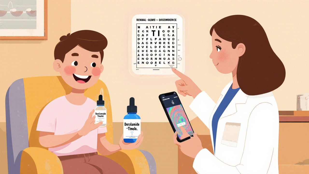 Patient with eye‑drop bottle and reminder phone in doctor’s office, watching visual‑field and OCT scans.
