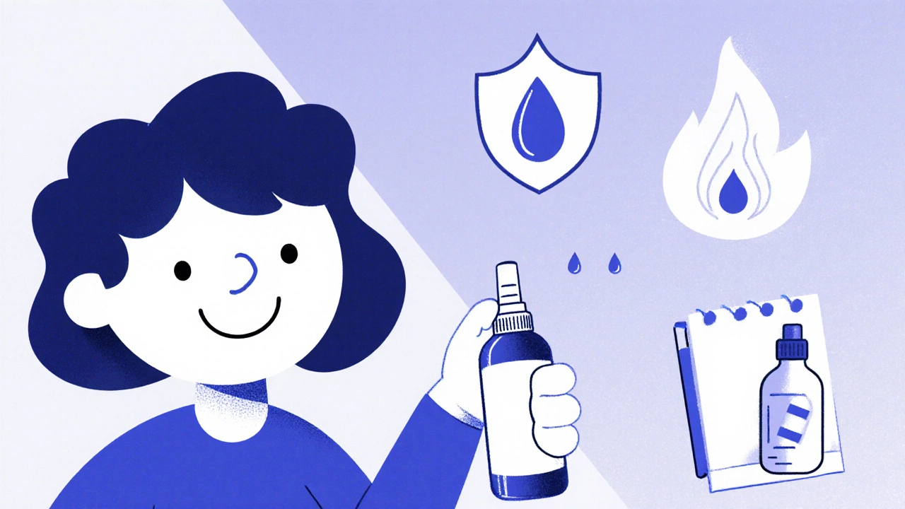 Person breathing easily, holding spray bottle, with small icons for side effects and saline rinse.