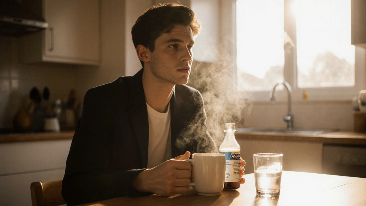 Person in a sunny kitchen holding an Anacin bottle beside a coffee mug, appearing alert.