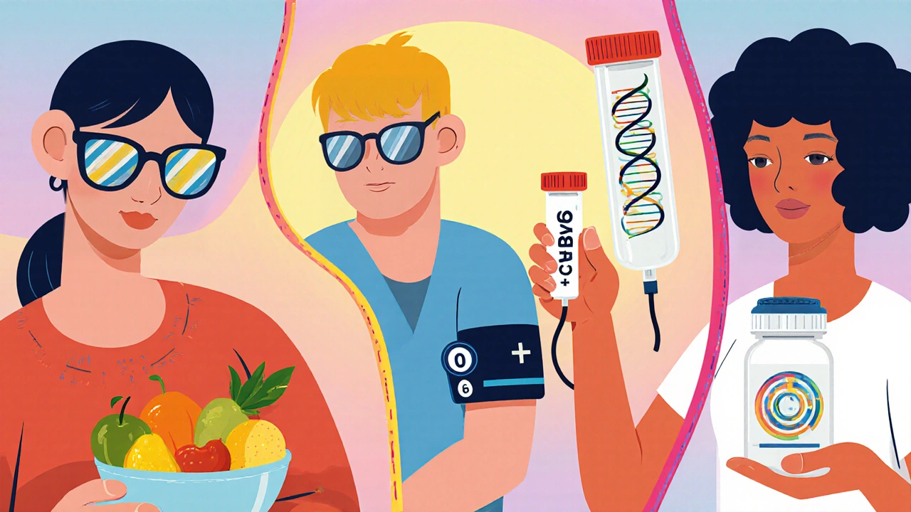 Person wearing UV sunglasses and holding health icons to depict eye protection in cartoon style.