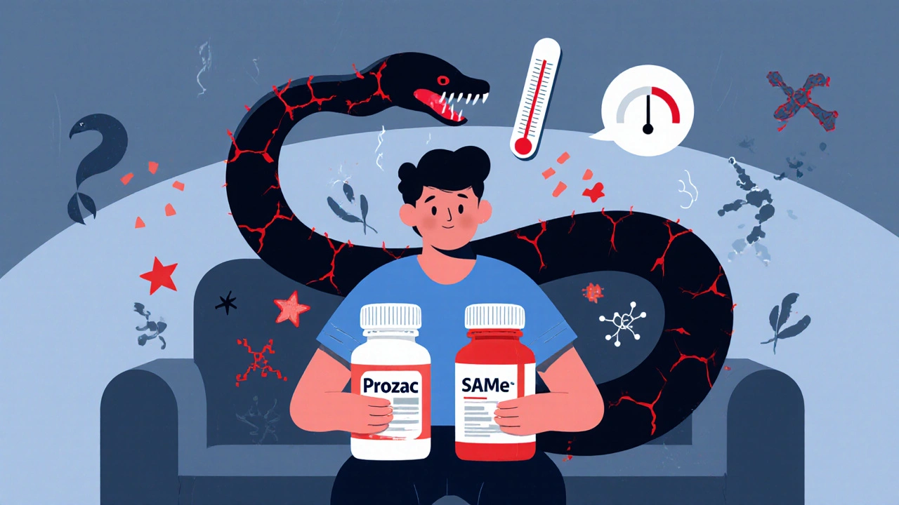 Person with serotonin syndrome symptoms like muscle twitching and fever, surrounded by antidepressant and SAMe bottles.