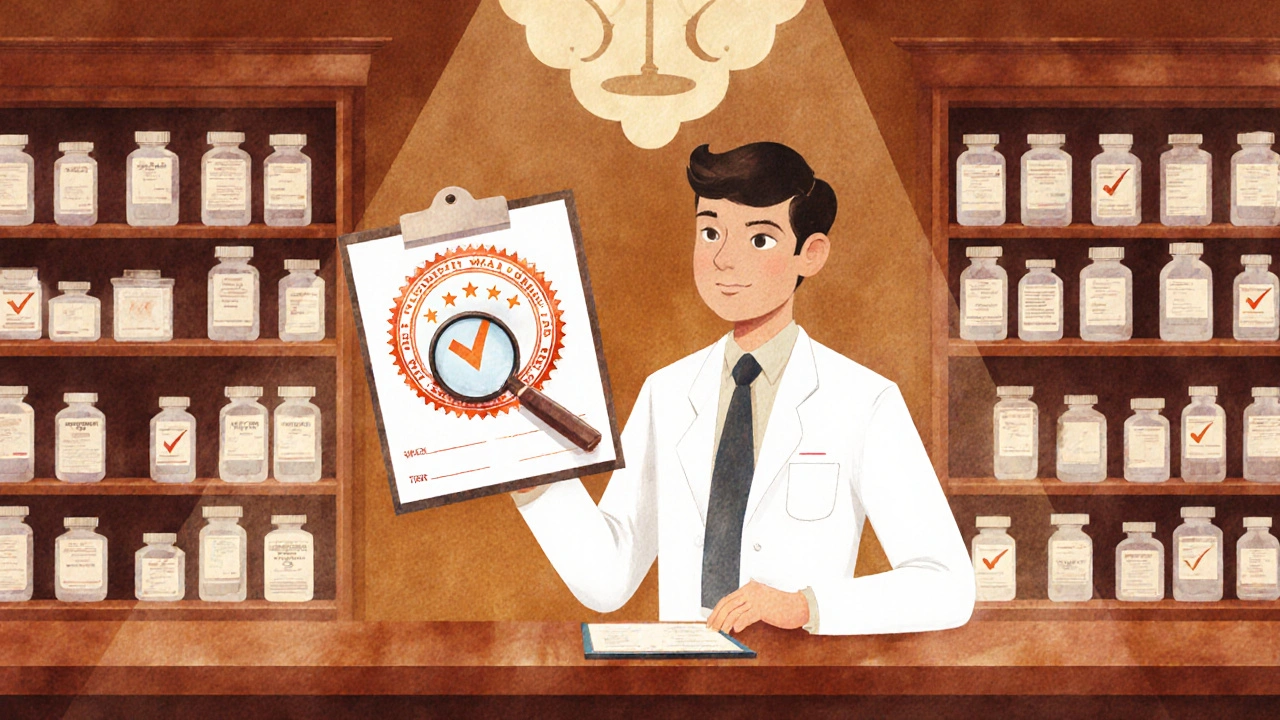 Pharmacist examining a certification seal with a magnifying glass at a pharmacy counter.