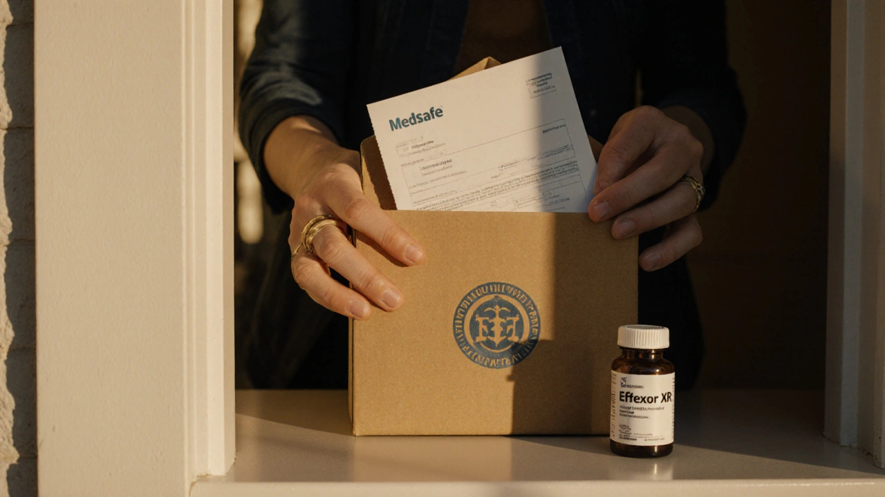 Recipient opening a parcel containing generic Effexor XR bottle at home.