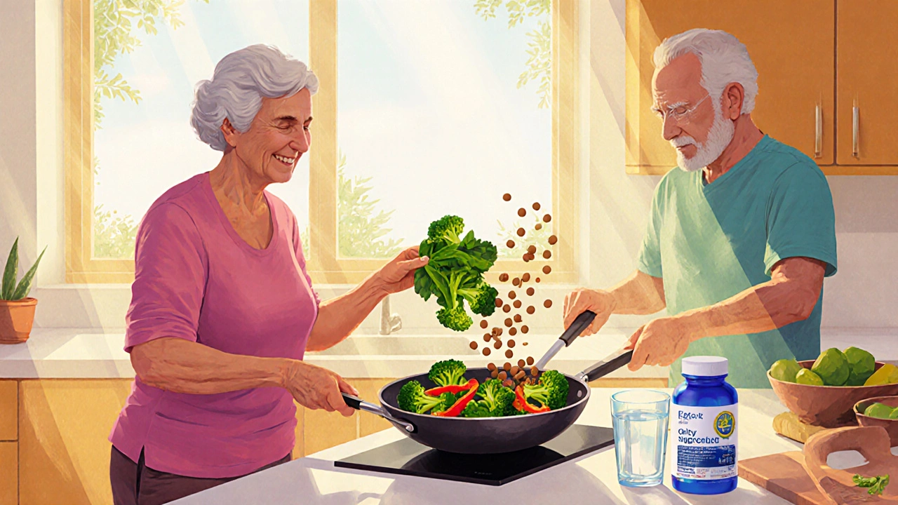Senior couple cooking a colorful green stir‑fry with vegetables and lentils, sunlight filling the kitchen.