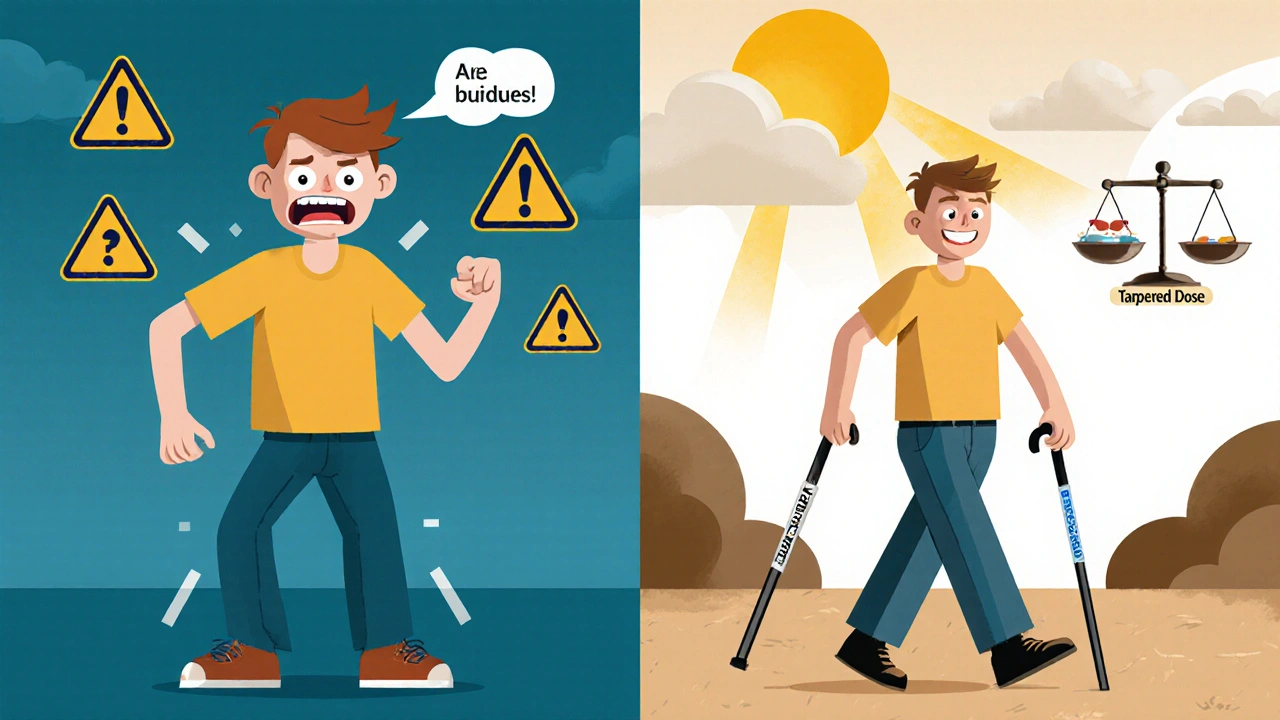 Side-by-side: person with side effects vs. person recovering, balanced scale above showing risks and benefits.
