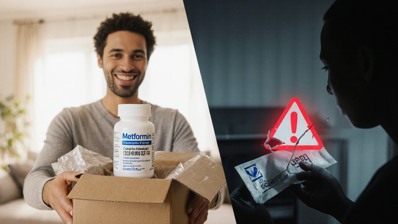 Split image contrasting a genuine medication delivery with a counterfeit package.