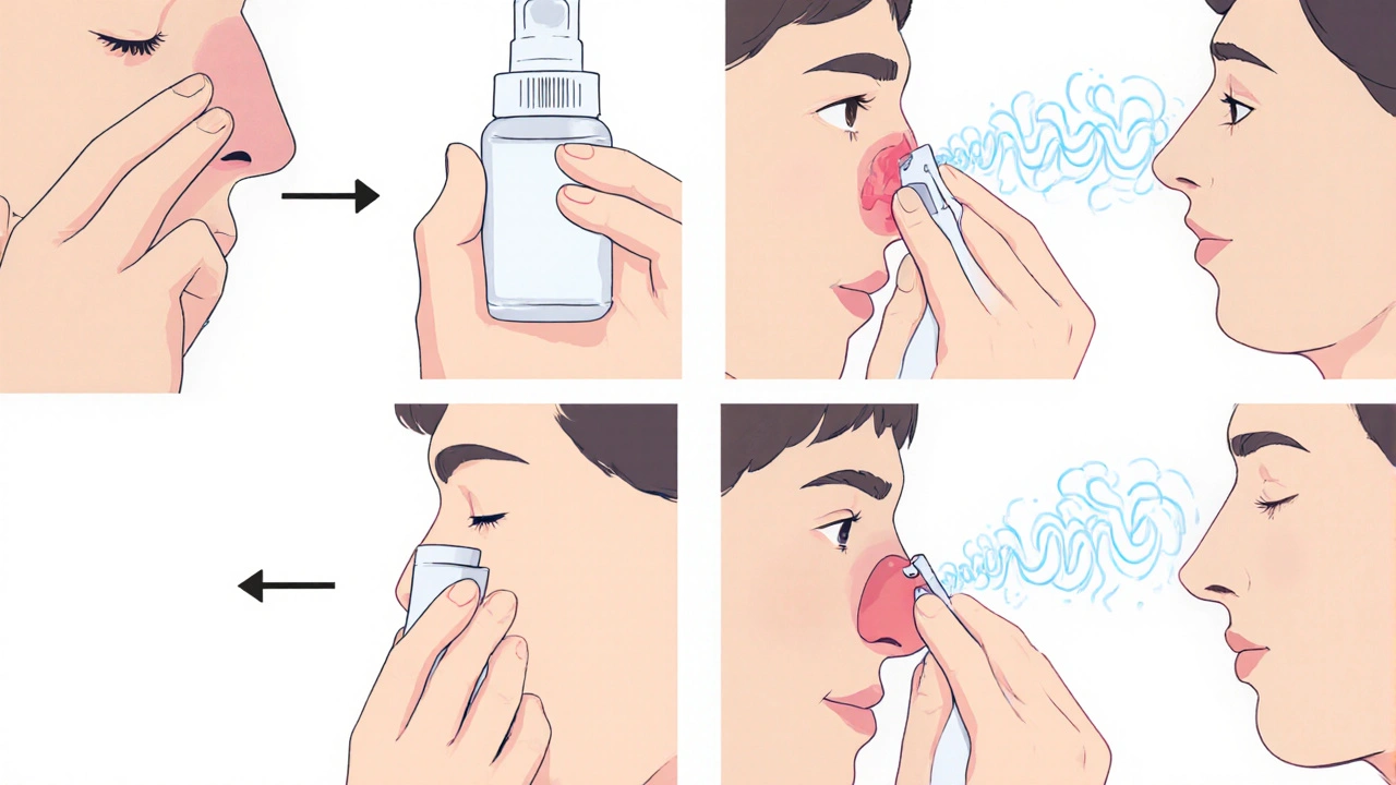 Step‑by‑step cartoon of proper fluticasone nasal spray usage with arrows showing spray direction.
