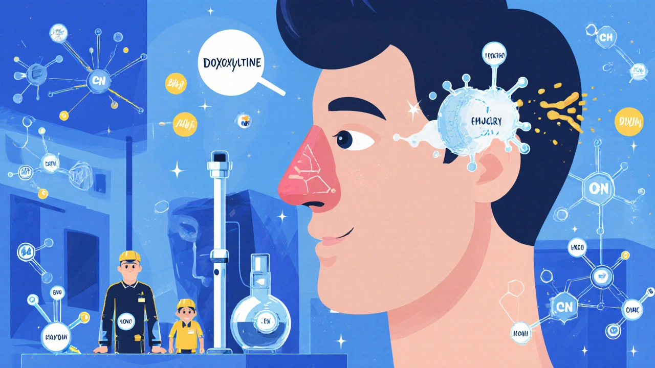 Stylized nose as a chemical lab with drug molecules interfering with smell receptors.