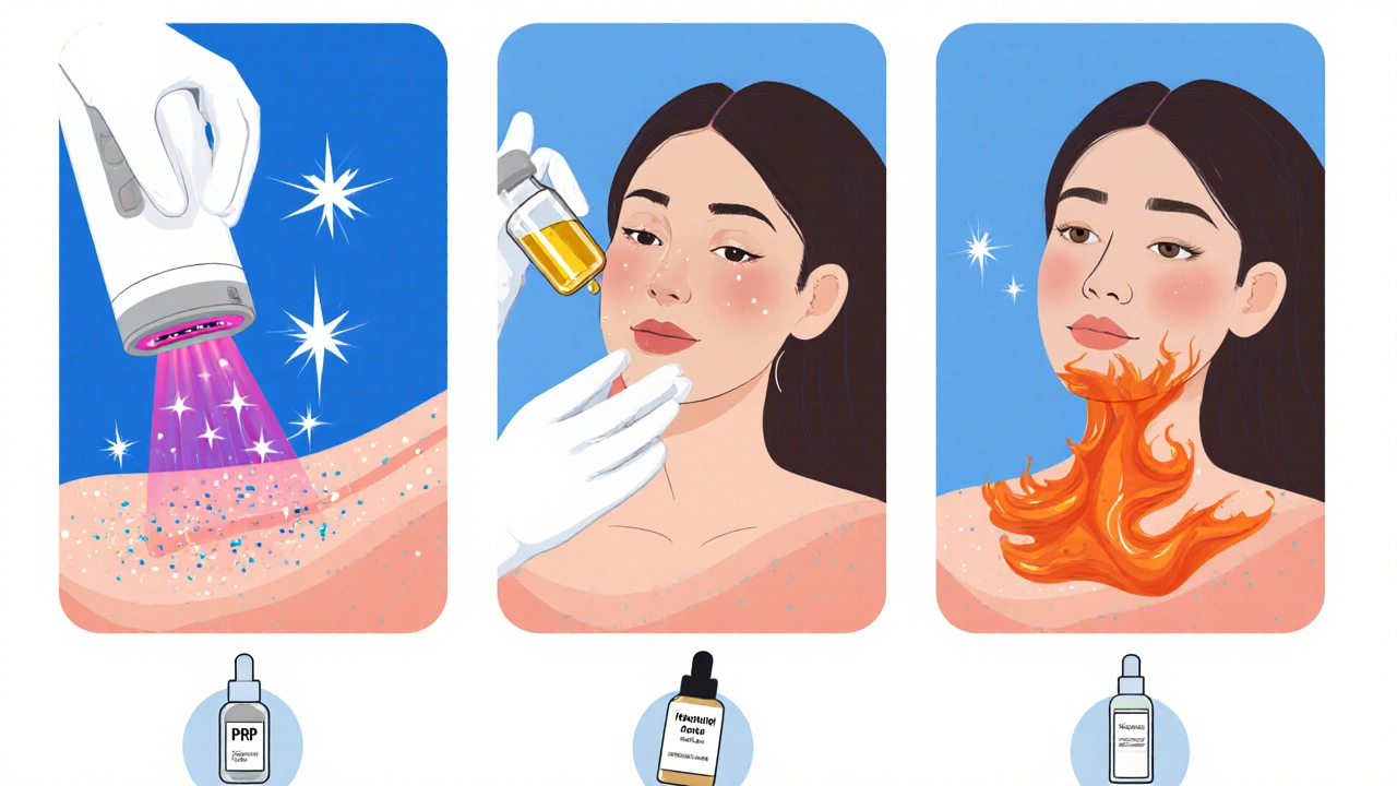 Three panels illustrating laser, microneedling with PRP, and chemical peel treatments.
