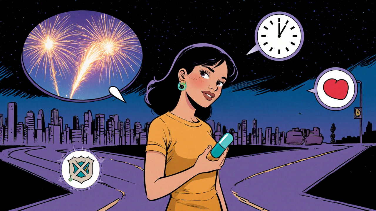 Woman at a crossroads holding a pill, surrounded by icons of weekend freedom, short‑term use, cost, and safety symbols in comic style.