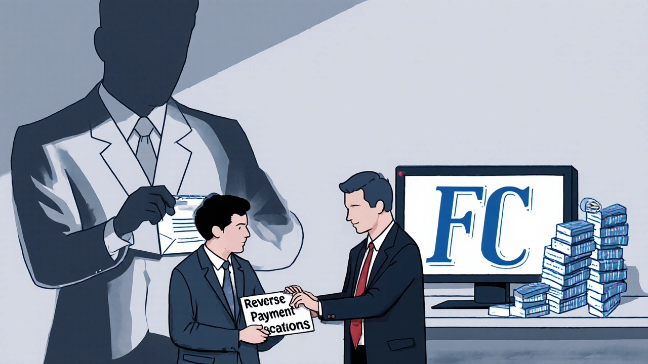 A brand-name executive secretly pays a generic company to delay entry, undermining patent challenge incentives.