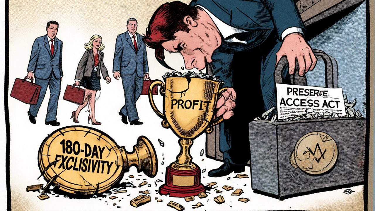 A broken exclusivity trophy is collected by a brand-name executive while generic companies walk away empty-handed.