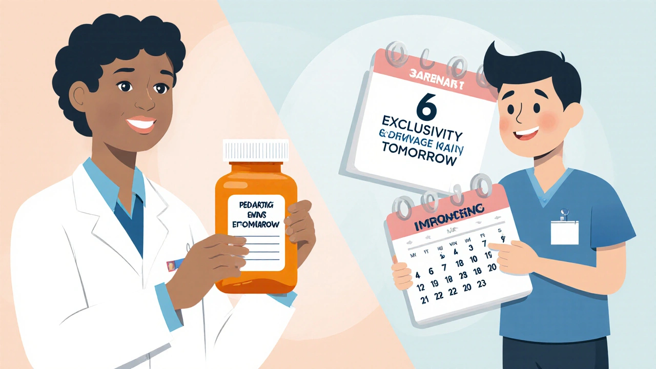 A doctor prescribes pediatric medicine while a generic manufacturer prepares to launch as exclusivity ends.