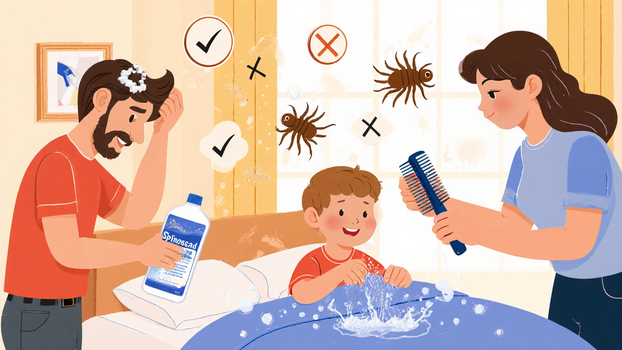 A family treating lice and scabies together with lotion, washing clothes, and combing hair.