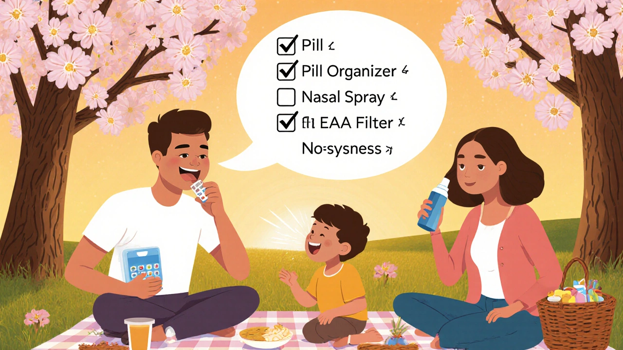 A happy family having a picnic with allergy management tools, enjoying spring without drowsiness.