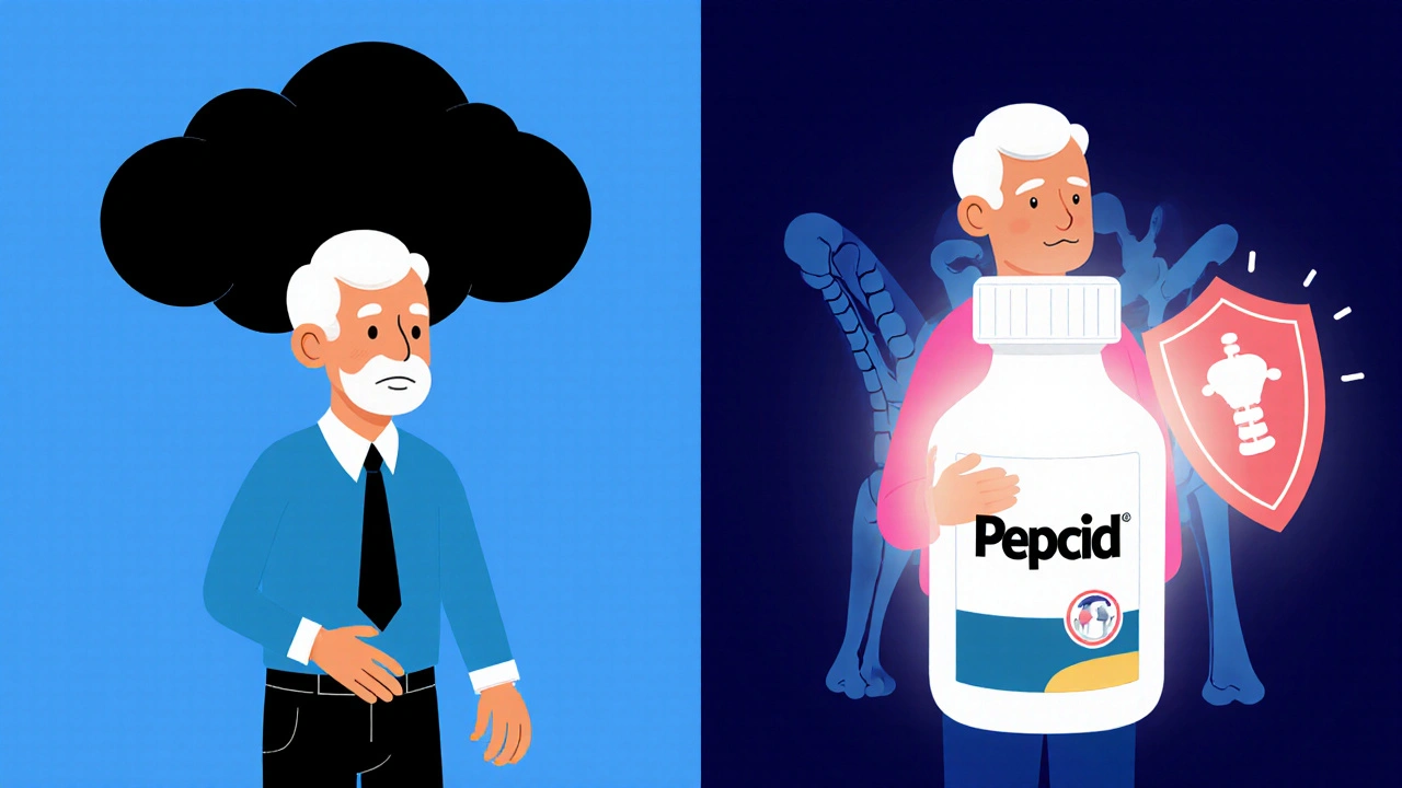 A man with a fracture risk shadow on one side and a protective bone shield on the other.