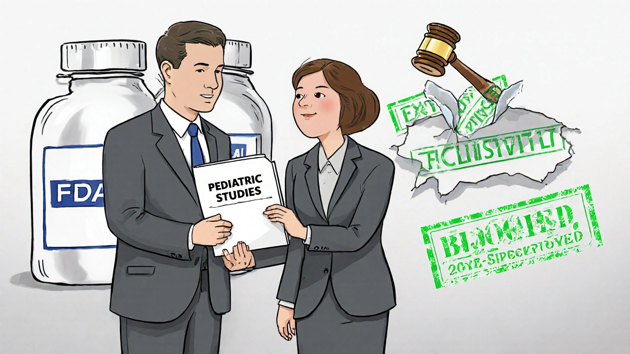 A pharmaceutical executive gives pediatric study results to an FDA official, while generic drugs are blocked behind a barrier.