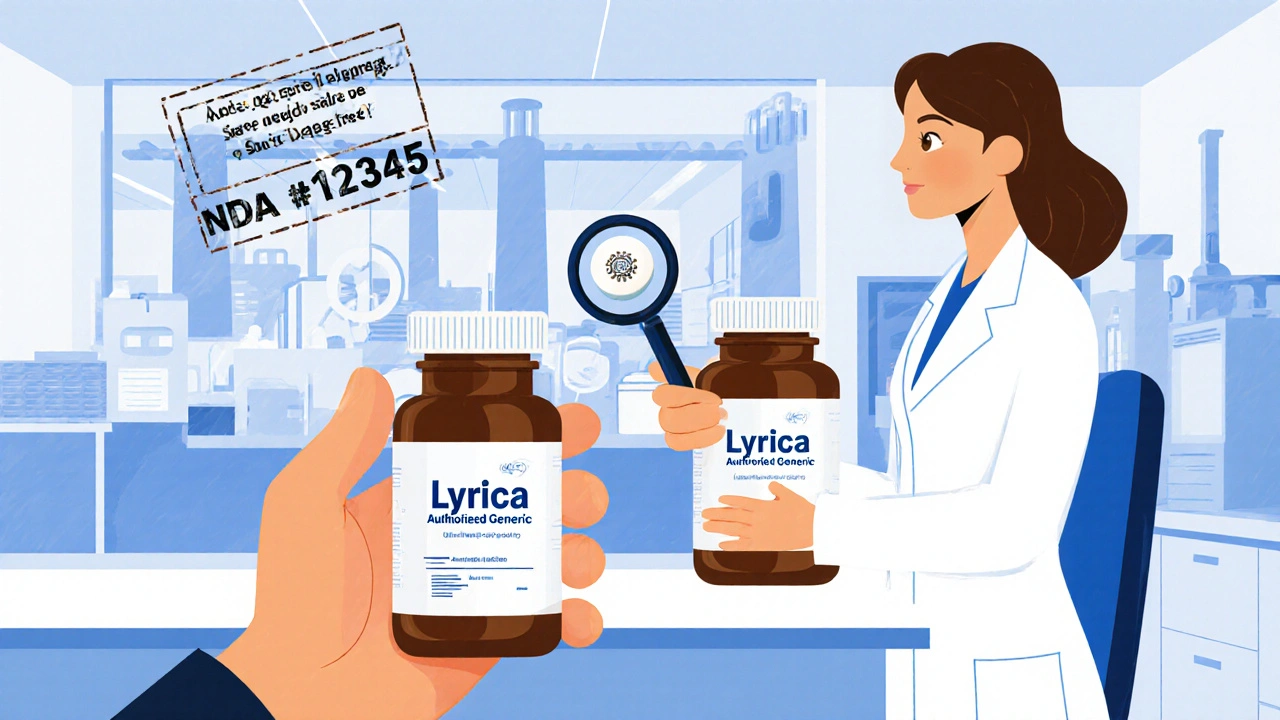 A pharmacist shows identical pills under a magnifying glass, with factory image overlay behind branded and generic bottles.
